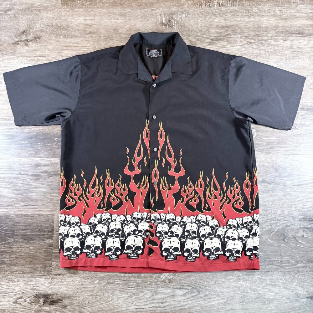Vintage BC Ethic La Rocka Shirt Mens L Black Skull Flame London Los Angeles